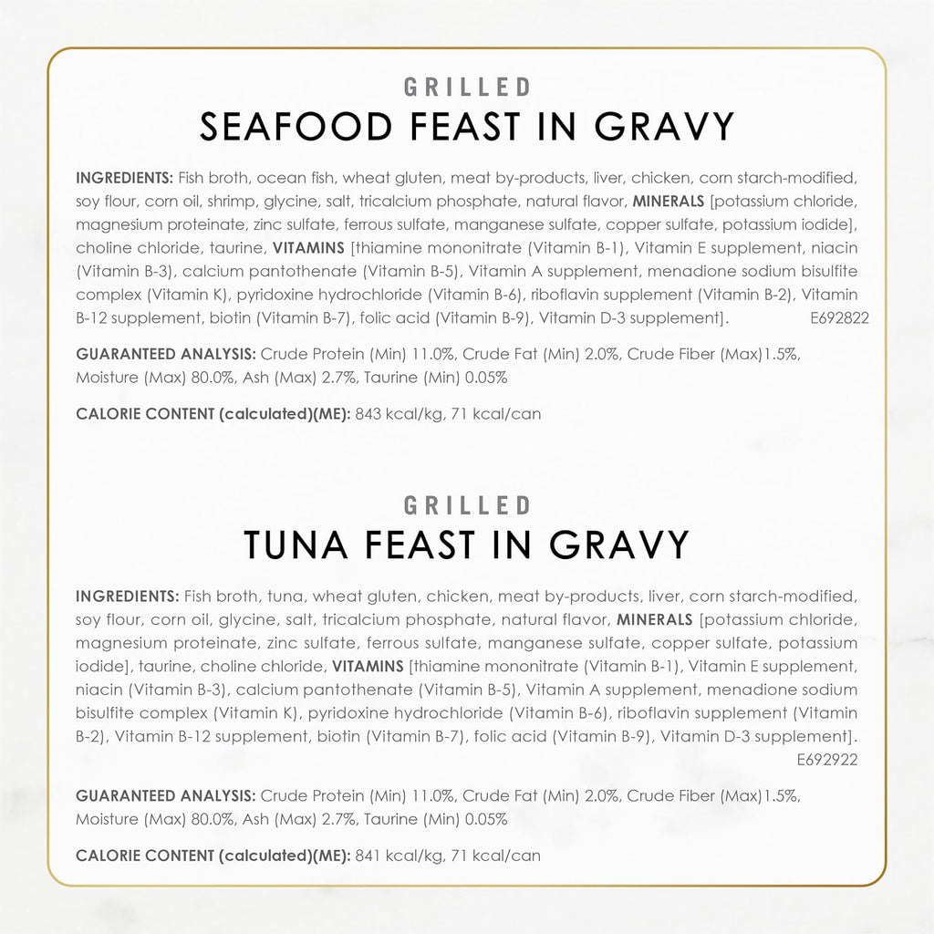 Purina Fancy Feast Grilled Seafood Wet Cat Food. 3 oz Cans. 24-Pack | Variety Pack. crafted with real seafood in savory gravy. Made with no Artificial Colors or Preservatives.