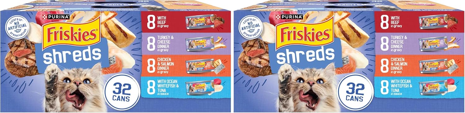 Purina Friskies Wet Cat Food Variety Pack. Shreds. 40 Pack 5.5 oz Cans | Beef. turkey and cheese. chicken and salmon. and ocean whitefish and tuna recipes in savory gravy