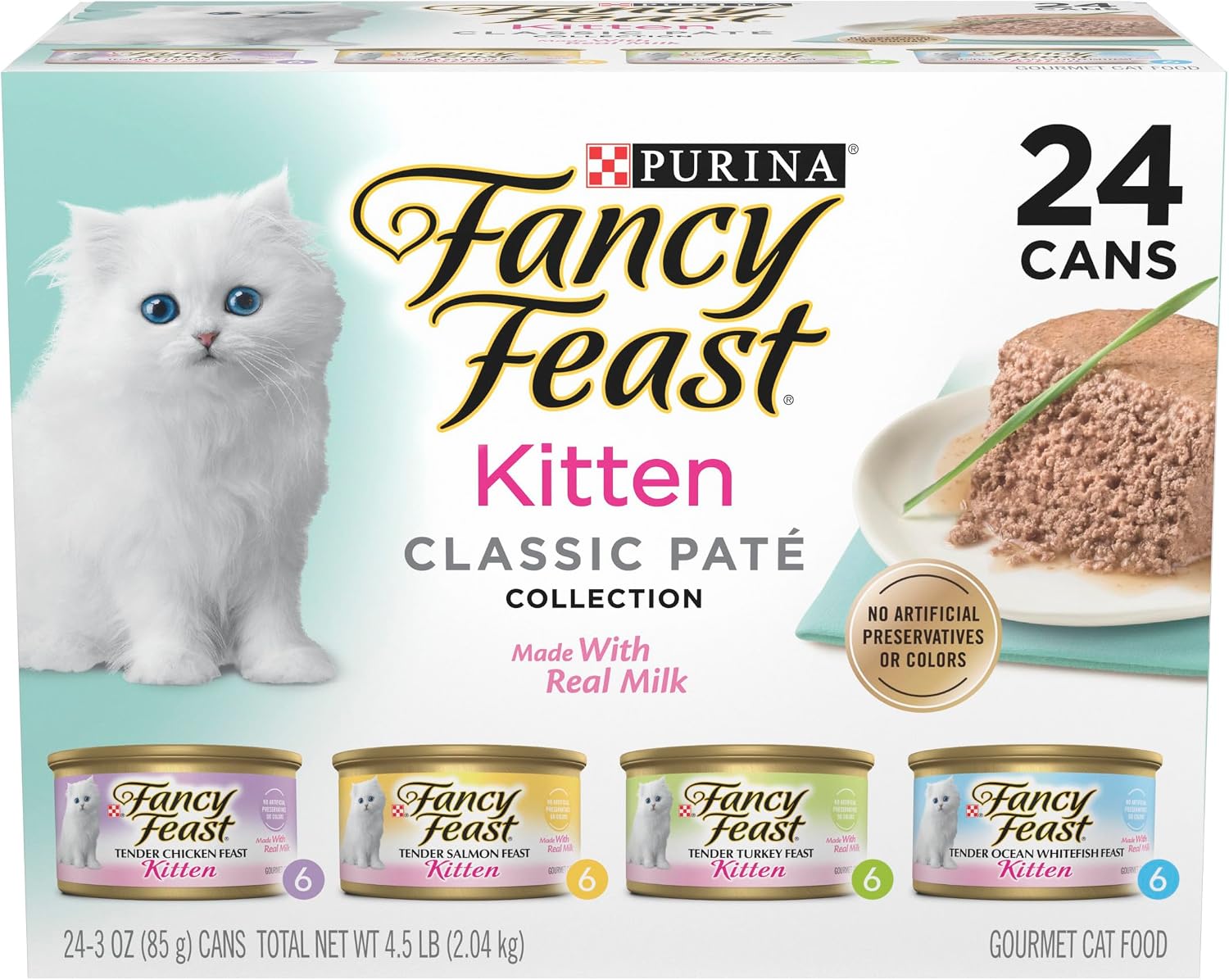 Purina Fancy Feast Wet Kitten Food Variety Pack. 3 oz cans. 24-Pack | Oceanfish. Turkey. Chicken or Salmon Recipes with no artificial colors or preservatives. 100 percent complete and balanced