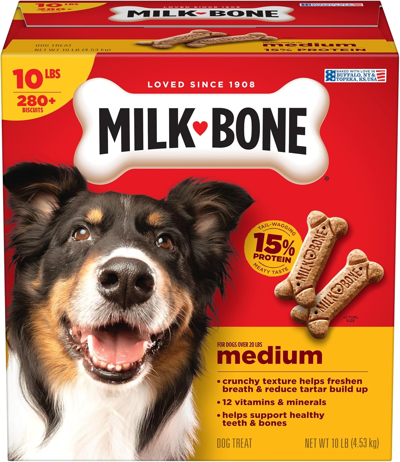 Milk-Bone Original Medium Dog Biscuits. 10 lb Box | 280+ treats. classic meaty taste. crunchy dog treats for dogs 20-50lbs. 15% protein. 12 vitamins & minerals. made in the USA