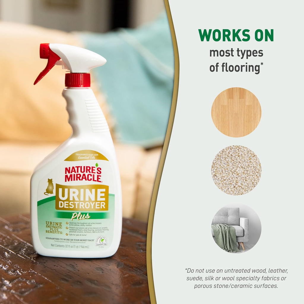 Nature's Miracle Cat Urine Destroyer Plus. Enzymatic Cleaner. 32 oz | Destroys the Toughest Cat Urine Stains. For Use on Multiple Surfaces. Safe For Pets and Home*. Fresh Scent