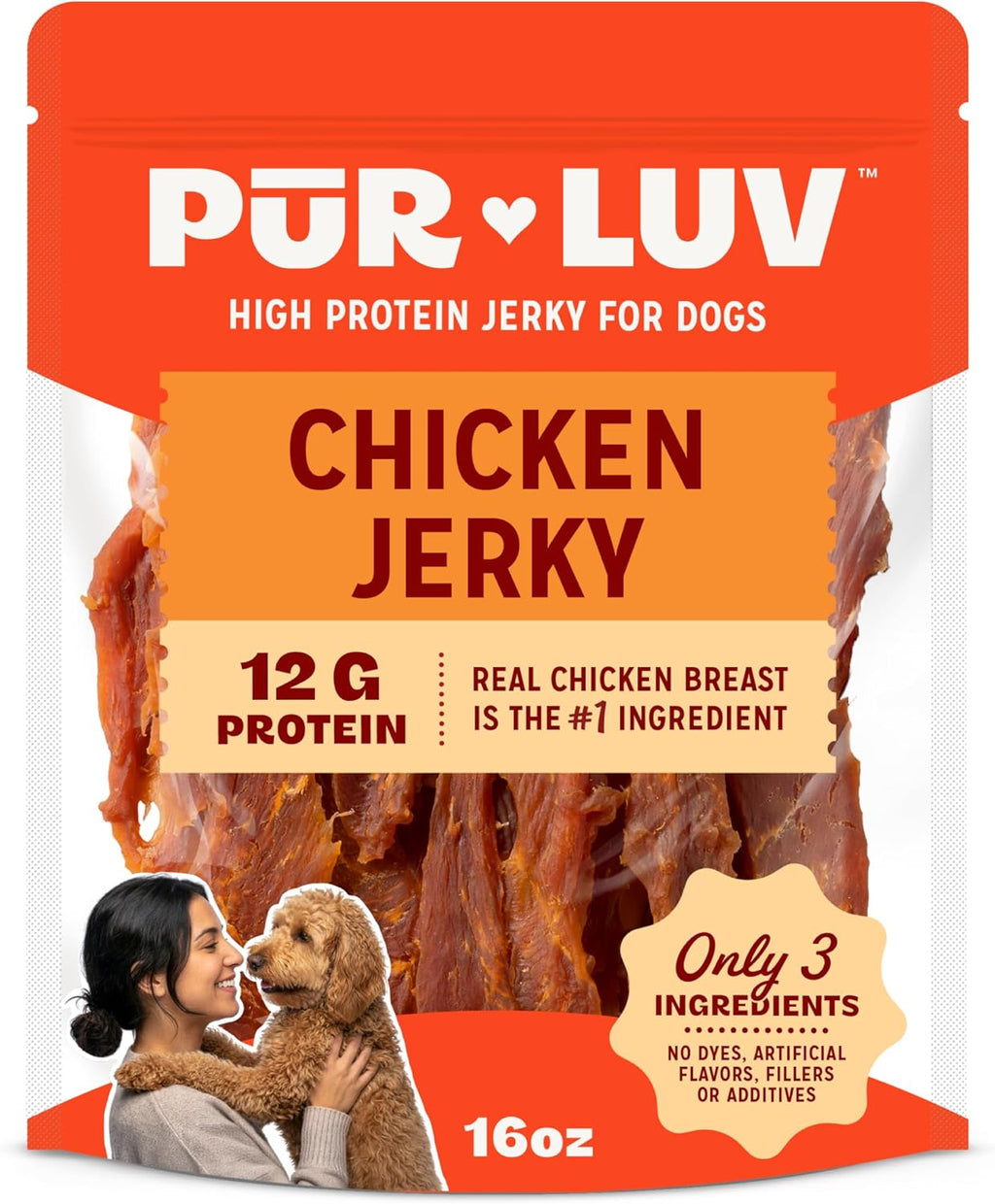 Pur Luv Chicken Jerky Dog Treats. Made with 100% Real Chicken Breast. 16 Ounces. Healthy. Easily Digestible. Long-Lasting. High Protein. Satisfies Dog's Urge to Chew