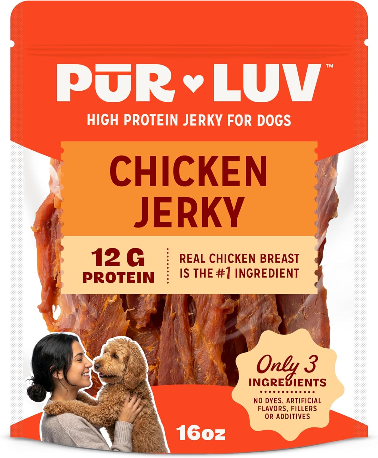 Pur Luv Chicken Jerky Dog Treats. Made with 100% Real Chicken Breast. 16 Ounces. Healthy. Easily Digestible. Long-Lasting. High Protein. Satisfies Dog's Urge to Chew