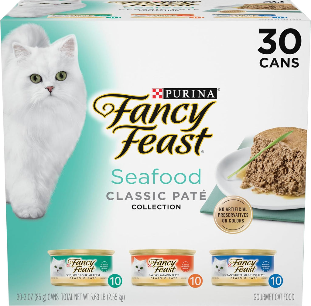 Purina Fancy Feast Seafood Classic Pate Variety Pack. 3 oz Cans. 30-Pack | Grain free wet cat food made with no artificial colors or preservatives. 100 percent complete and balanced