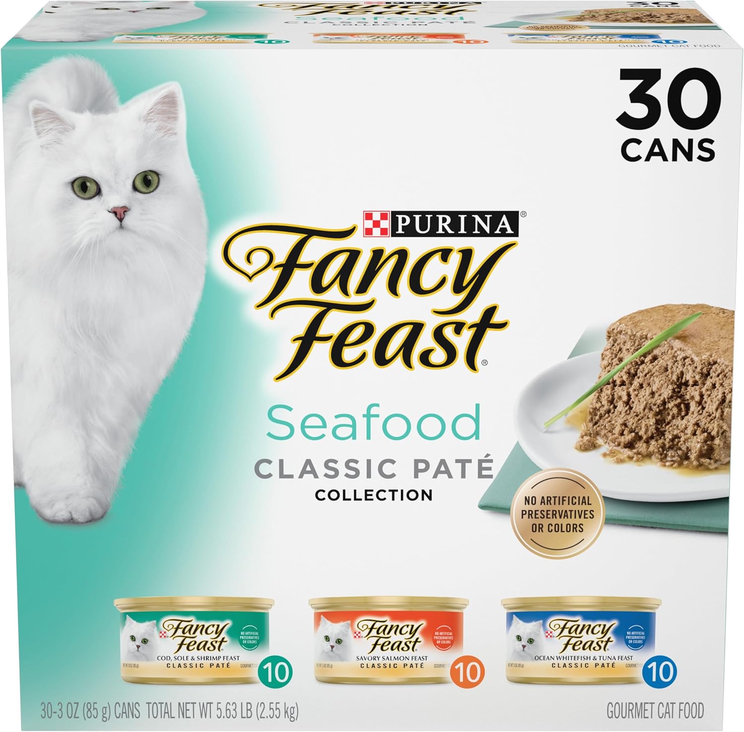 Purina Fancy Feast Seafood Classic Pate Variety Pack. 3 oz Cans. 30-Pack | Grain free wet cat food made with no artificial colors or preservatives. 100 percent complete and balanced