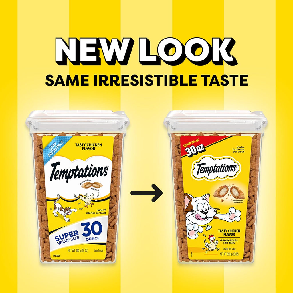 Temptations Classic Crunchy and Soft Cat Treats. Tasty Chicken. 30 oz | Under 2 calories per treat. crunchy outside & soft inside. resealable tub. use as meal or topper. 100% complete & balanced