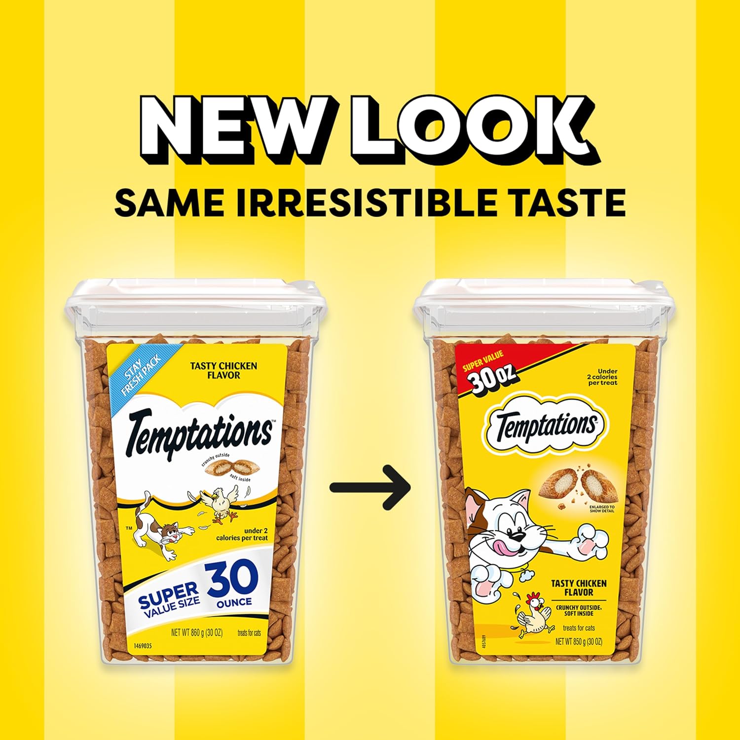 Temptations Classic Crunchy and Soft Cat Treats. Tasty Chicken. 30 oz | Under 2 calories per treat. crunchy outside & soft inside. resealable tub. use as meal or topper. 100% complete & balanced