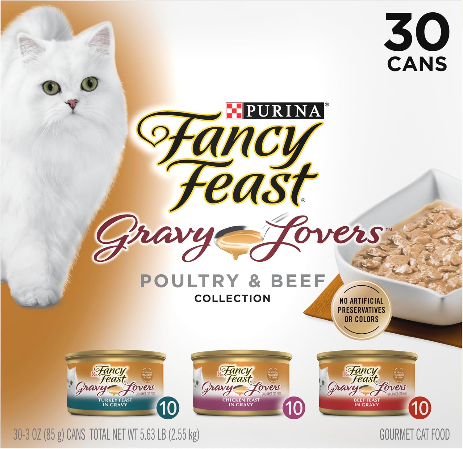 Purina Fancy Feast Gravy Lovers Wet Cat Food. 3 oz Cans. 30-Pack | Variety Pack with poultry and beef grilled gourmet recipes. made with no artificial colors or preservatives