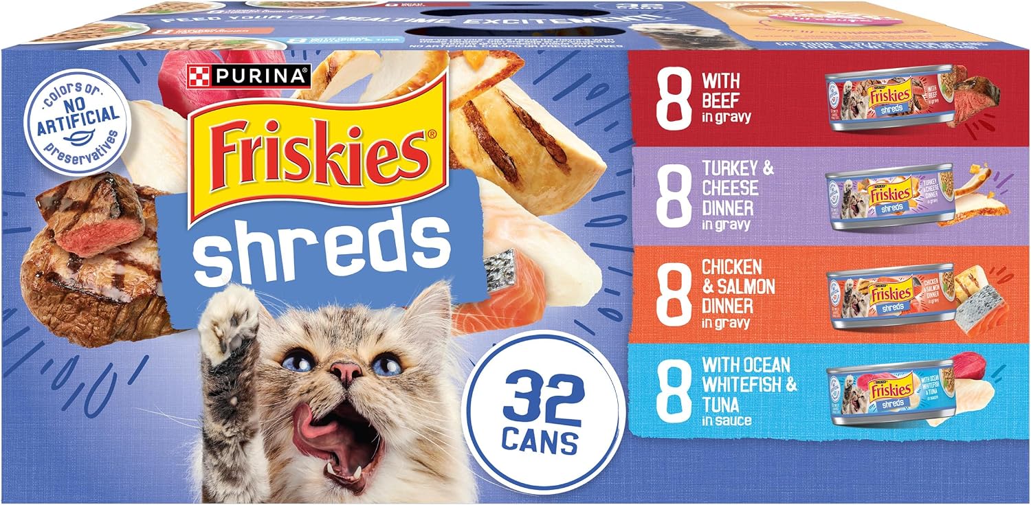 Purina Friskies Wet Cat Food Variety Pack. Shreds. 40 Pack 5.5 oz Cans | Beef. turkey and cheese. chicken and salmon. and ocean whitefish and tuna recipes in savory gravy