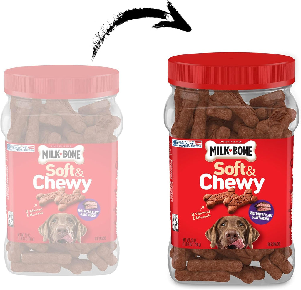 Milk-Bone Soft & Chewy Dog Treats. 25 Oz. Canister | Made with real beef & filet mignon. tender dog treats. easy to chew. for dogs of all ages and sizes