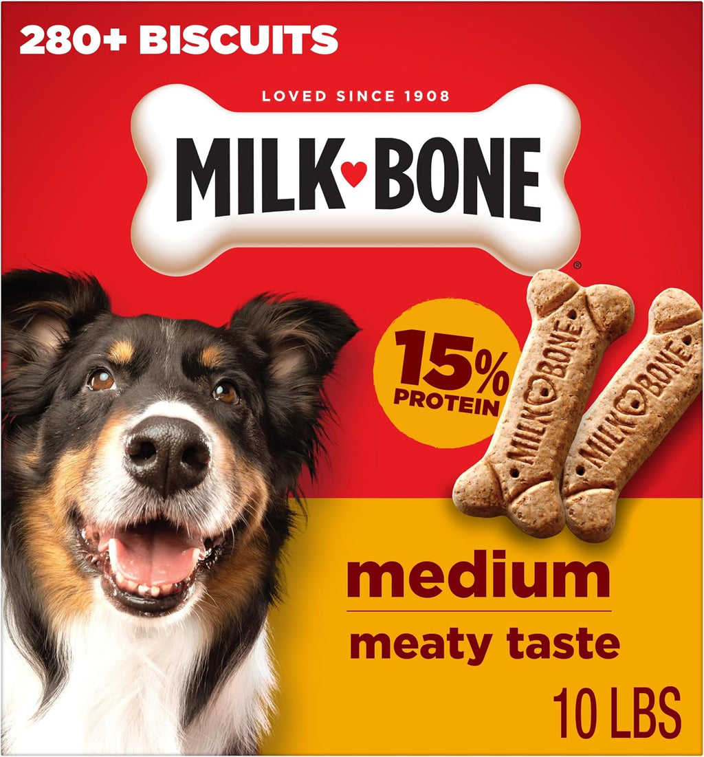Milk-Bone Original Medium Dog Biscuits. 10 lb Box | 280+ treats. classic meaty taste. crunchy dog treats for dogs 20-50lbs. 15% protein. 12 vitamins & minerals. made in the USA