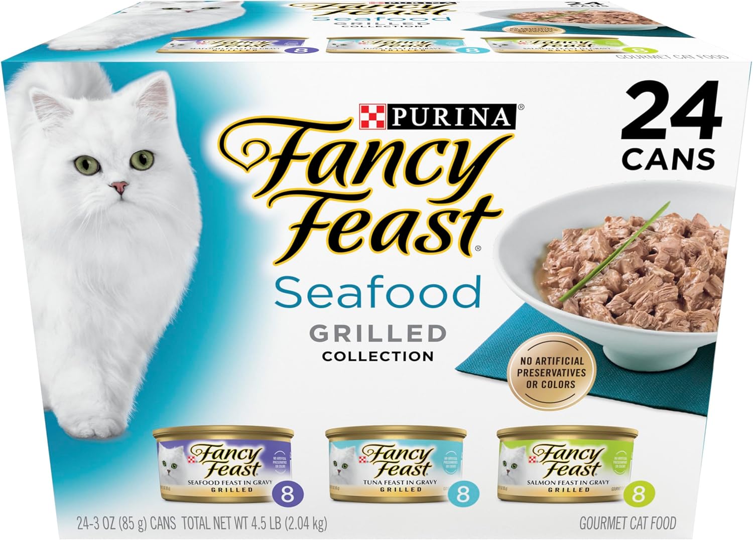 Purina Fancy Feast Grilled Seafood Wet Cat Food. 3 oz Cans. 24-Pack | Variety Pack. crafted with real seafood in savory gravy. Made with no Artificial Colors or Preservatives.