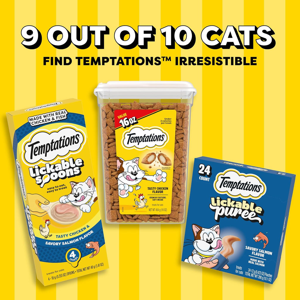 Temptations Classic Crunchy and Soft Cat Treats. Tasty Chicken. 16 oz | Under 2 calories per treat. crunchy outside & soft inside. resealable tub. 100% complete & balanced for adult cats