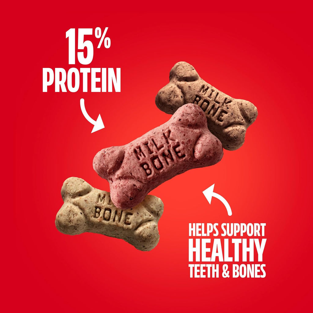 Milk-Bone Flavor Snacks Mini's Dog Treats. 36 Oz. | 5 calories per treat. 15% protein. 3 flavors per canister (beef. chicken & bacon. naturally & artificially flavored)