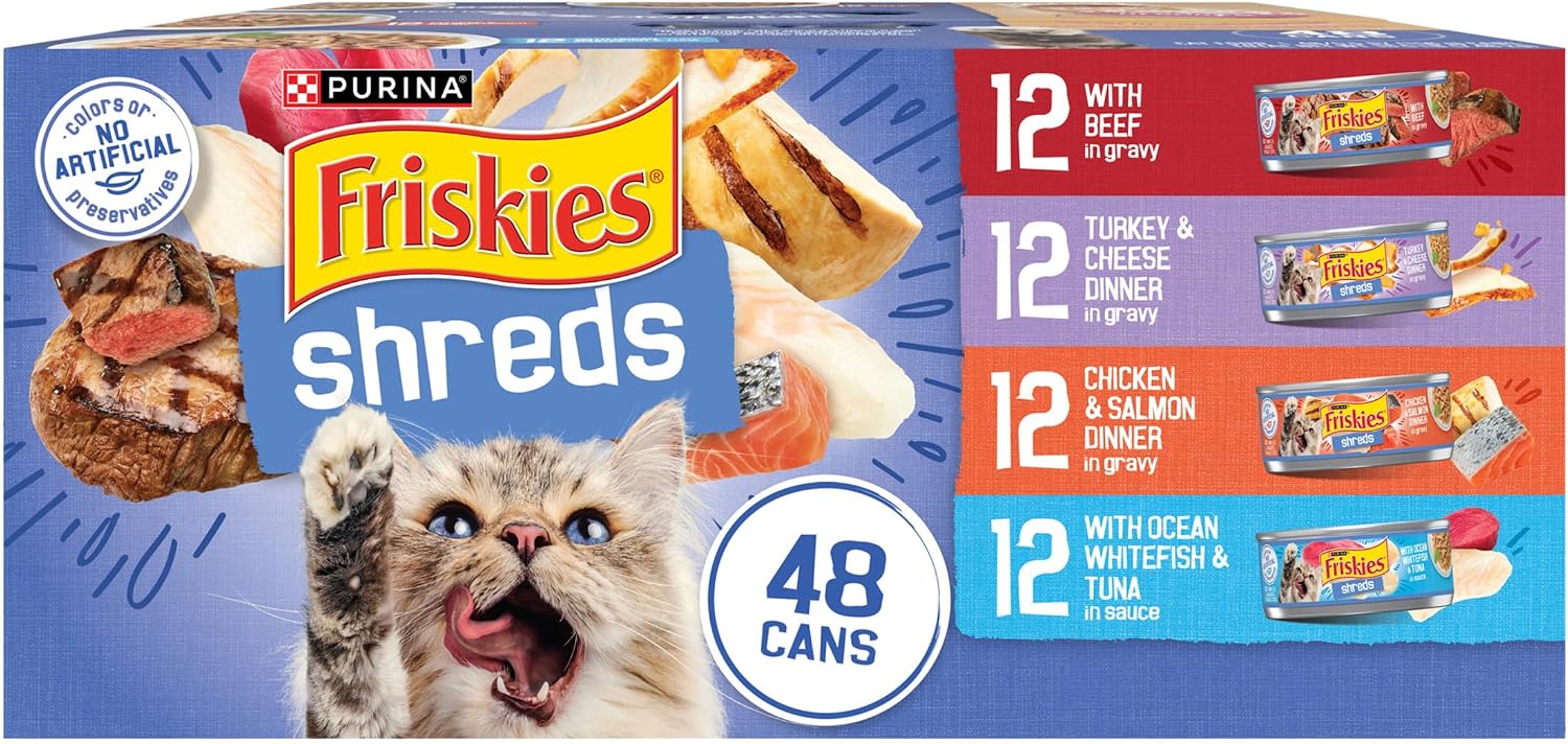 Purina Friskies Wet Cat Food Variety Pack. Shreds. 40 Pack 5.5 oz Cans | Beef. turkey and cheese. chicken and salmon. and ocean whitefish and tuna recipes in savory gravy