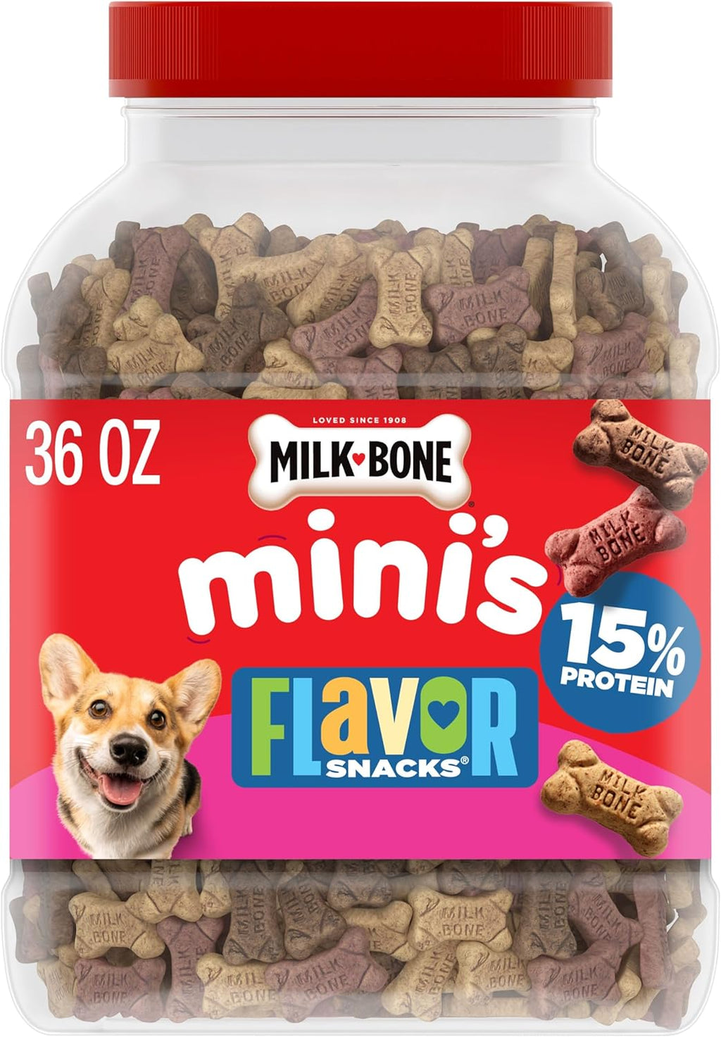 Milk-Bone Flavor Snacks Mini's Dog Treats. 36 Oz. | 5 calories per treat. 15% protein. 3 flavors per canister (beef. chicken & bacon. naturally & artificially flavored)