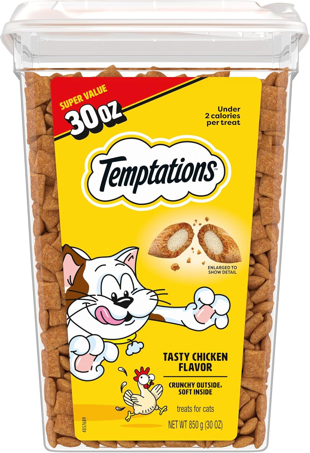 Temptations Classic Crunchy and Soft Cat Treats. Tasty Chicken. 30 oz | Under 2 calories per treat. crunchy outside & soft inside. resealable tub. use as meal or topper. 100% complete & balanced