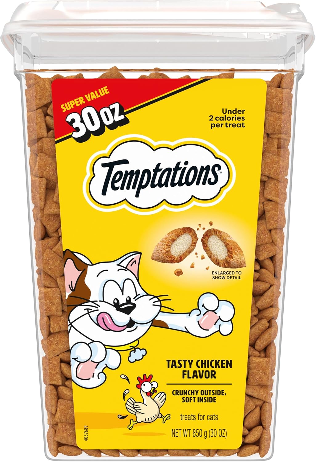 Temptations Classic Crunchy and Soft Cat Treats. Tasty Chicken. 30 oz | Under 2 calories per treat. crunchy outside & soft inside. resealable tub. use as meal or topper. 100% complete & balanced