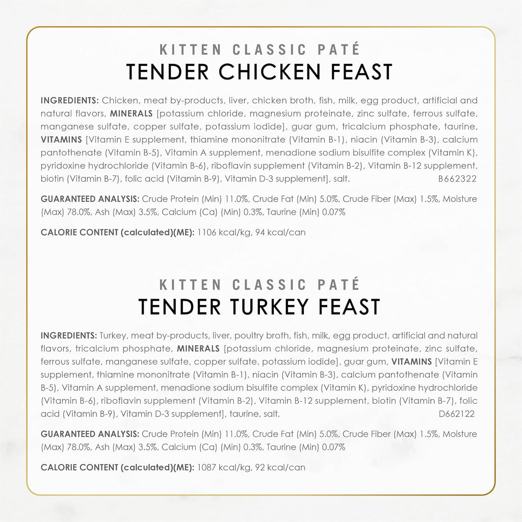 Purina Fancy Feast Wet Kitten Food Variety Pack. 3 oz cans. 24-Pack | Oceanfish. Turkey. Chicken or Salmon Recipes with no artificial colors or preservatives. 100 percent complete and balanced