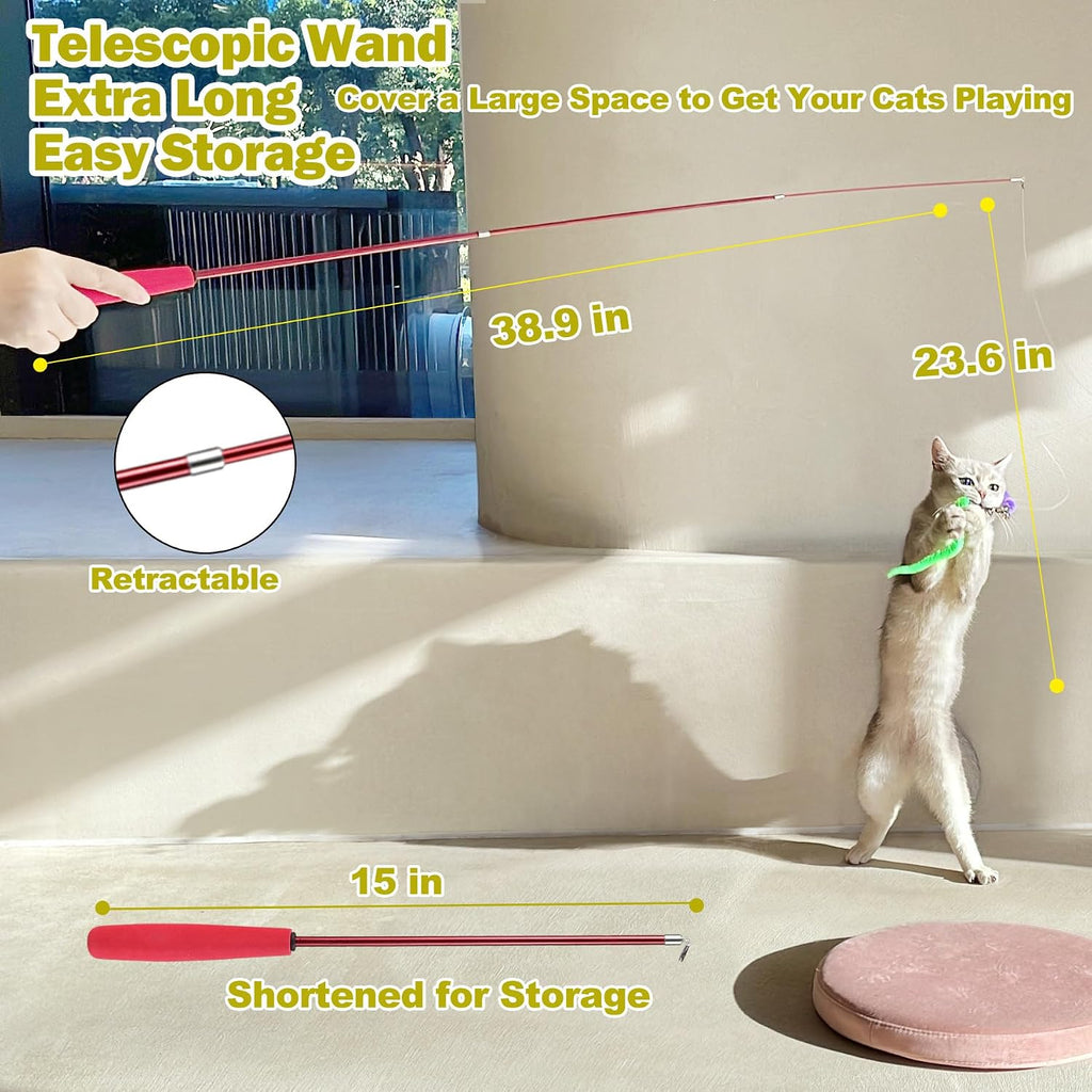 MeoHui Cat Toys for Indoor Cats. Interactive Cat Toy 2PCS Retractable Wand Toy and 9PCS Cat Feather Toys Refills. Funny Kitten Toys Cat Fishing Pole Toy for Bored Indoor Cats Chase and Exercise