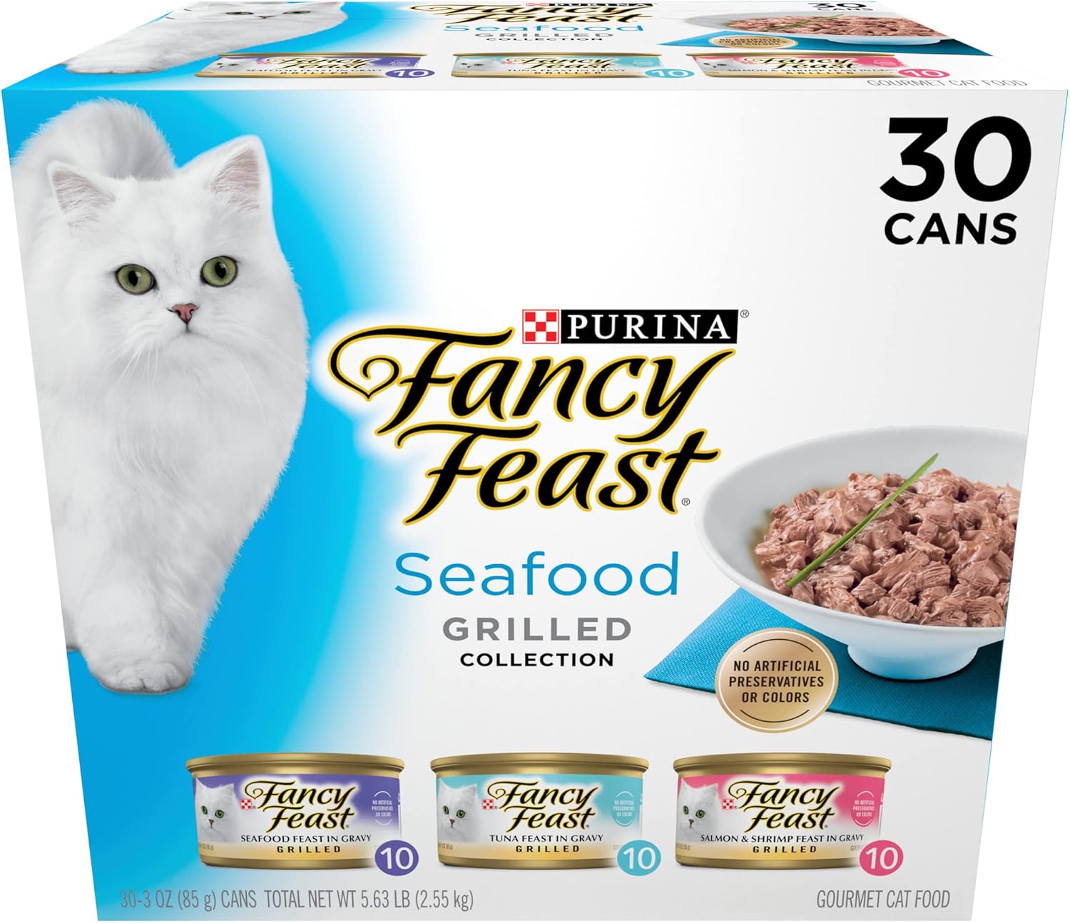 Purina Fancy Feast Grilled Seafood Wet Cat Food. 3 oz Cans. 24-Pack | Variety Pack. crafted with real seafood in savory gravy. Made with no Artificial Colors or Preservatives.