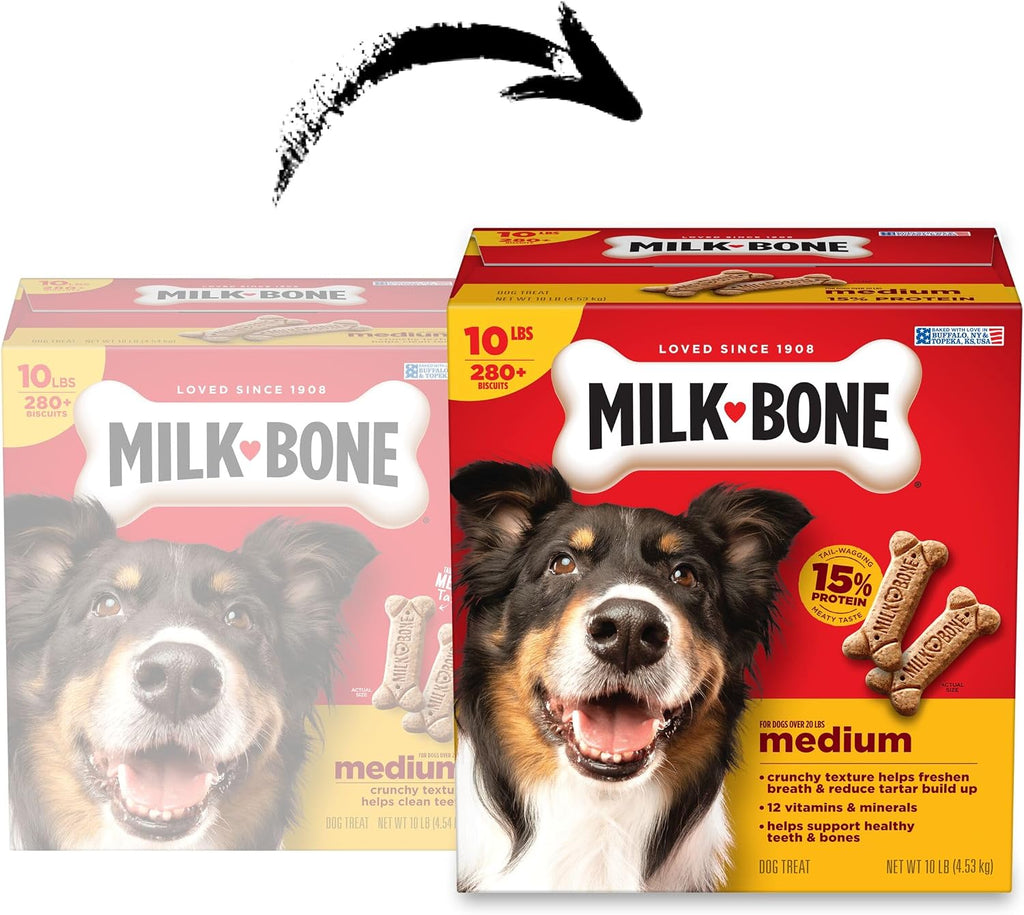 Milk-Bone Original Medium Dog Biscuits. 10 lb Box | 280+ treats. classic meaty taste. crunchy dog treats for dogs 20-50lbs. 15% protein. 12 vitamins & minerals. made in the USA