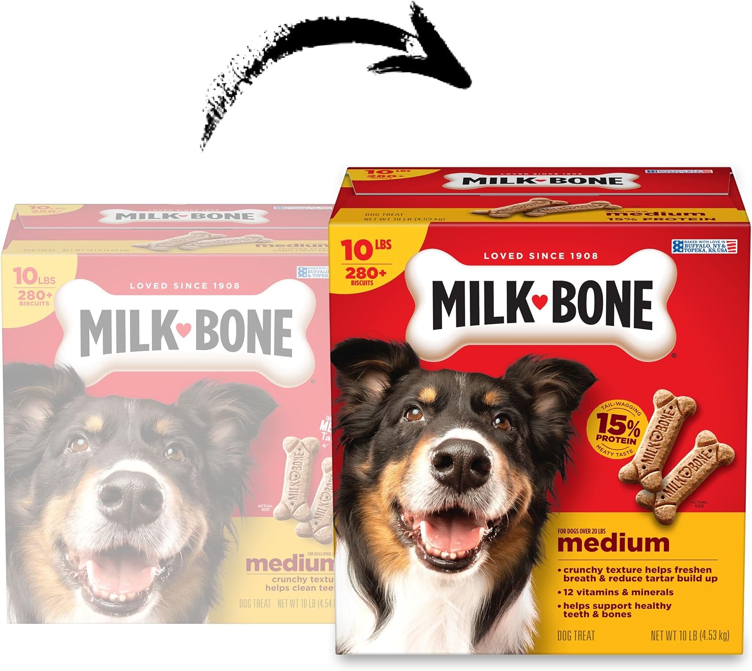 Milk-Bone Original Medium Dog Biscuits. 10 lb Box | 280+ treats. classic meaty taste. crunchy dog treats for dogs 20-50lbs. 15% protein. 12 vitamins & minerals. made in the USA