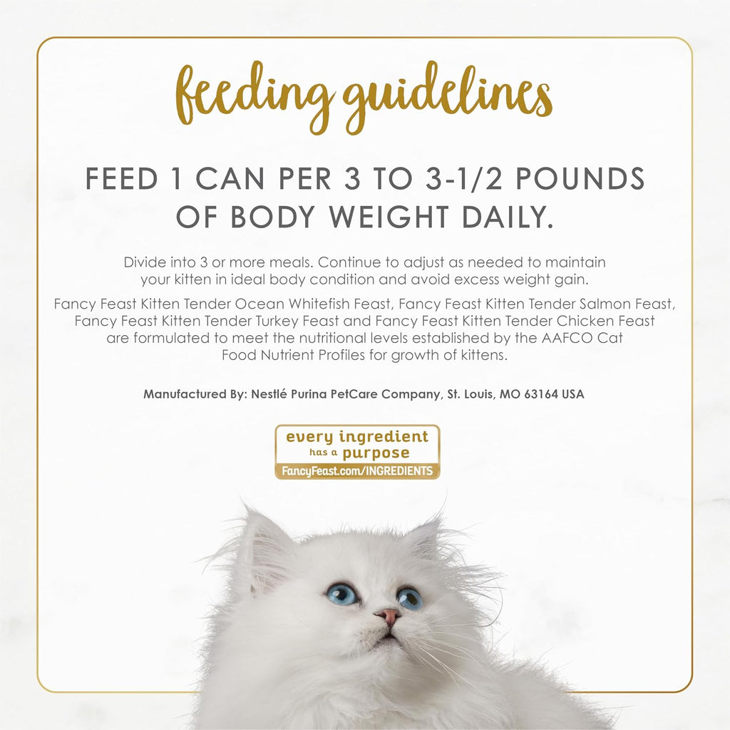 Purina Fancy Feast Wet Kitten Food Variety Pack. 3 oz cans. 24-Pack | Oceanfish. Turkey. Chicken or Salmon Recipes with no artificial colors or preservatives. 100 percent complete and balanced