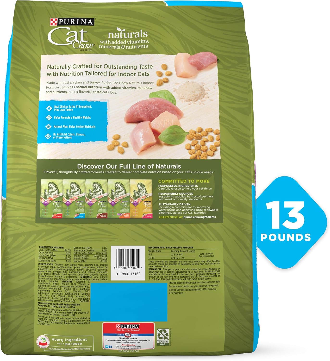 Purina Cat Chow Naturals Hairball. Indoor Dry Cat Food. 13 lb Bag | Healthy weight cat food with real turkey and chicken. a natural fiber blend helps control hairballs. for indoor cats