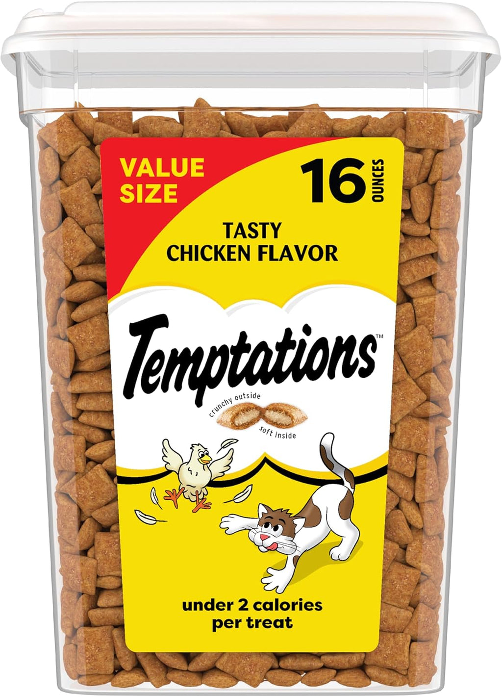 Temptations Classic Crunchy and Soft Cat Treats. Tasty Chicken. 16 oz | Under 2 calories per treat. crunchy outside & soft inside. resealable tub. 100% complete & balanced for adult cats