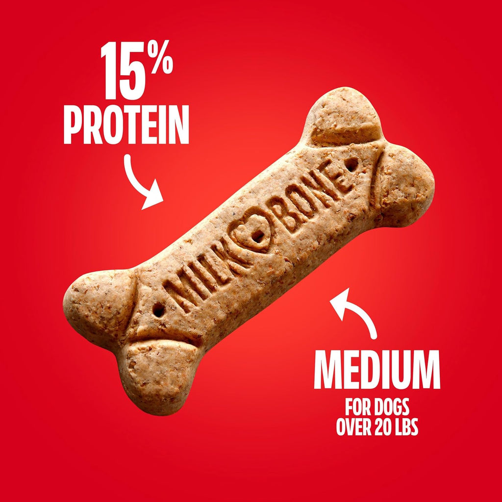 Milk-Bone Original Medium Dog Biscuits. 10 lb Box | 280+ treats. classic meaty taste. crunchy dog treats for dogs 20-50lbs. 15% protein. 12 vitamins & minerals. made in the USA
