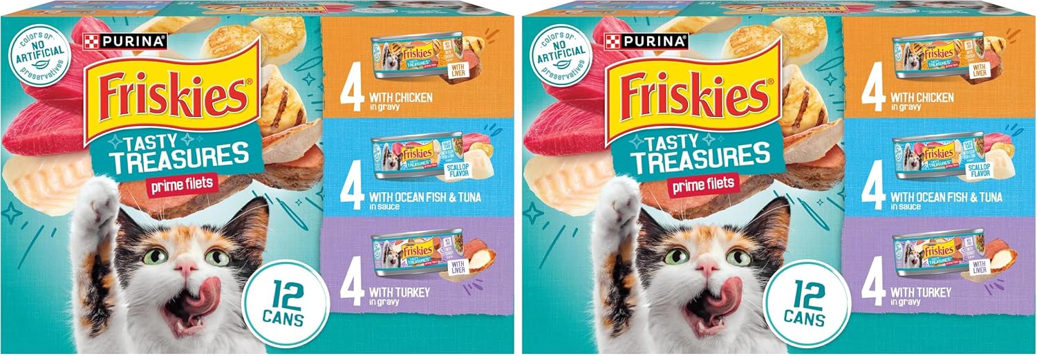 Purina Friskies Wet Cat Food Variety Pack. Tasty Treasures Prime Filets (With Ocean Fish and Tuna. With Chicken and With Turkey) - 5.5 Ounce (Pack of 12)