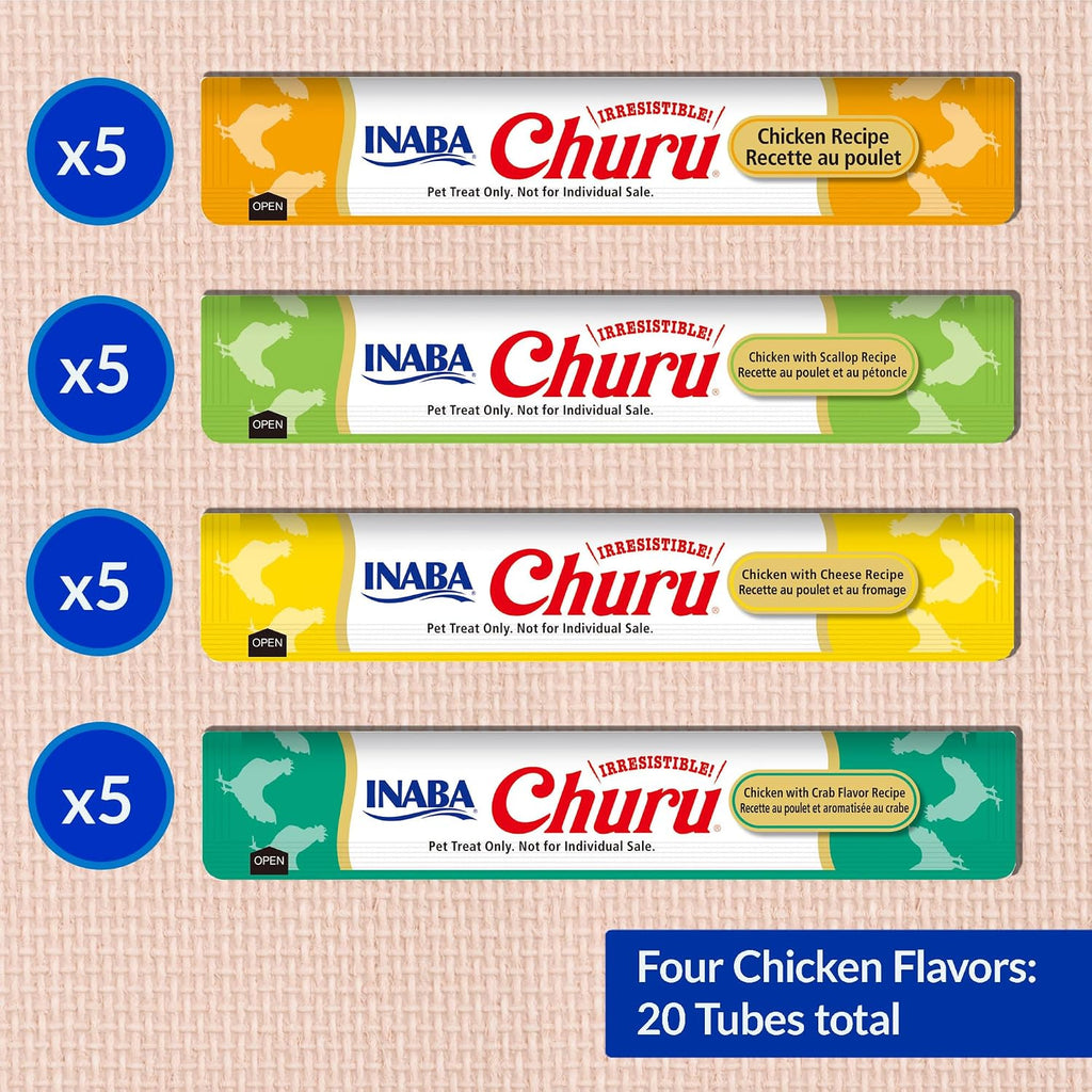 INABA Churu Cat Treats. Lickable. Squeezable Creamy Purée Cat Treat with Green Tea Extract & Taurine. 0.5 Ounces Each Tube. 20 Tubes. Chicken Variety Box