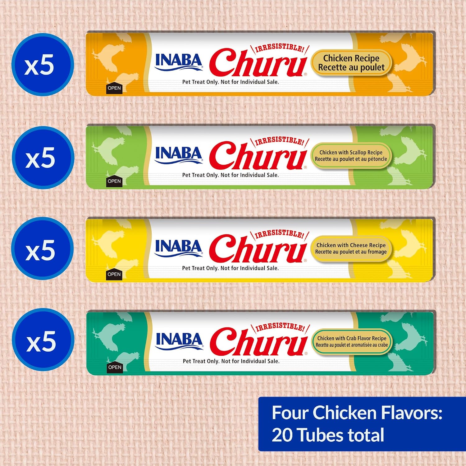 INABA Churu Cat Treats. Lickable. Squeezable Creamy Purée Cat Treat with Green Tea Extract & Taurine. 0.5 Ounces Each Tube. 20 Tubes. Chicken Variety Box
