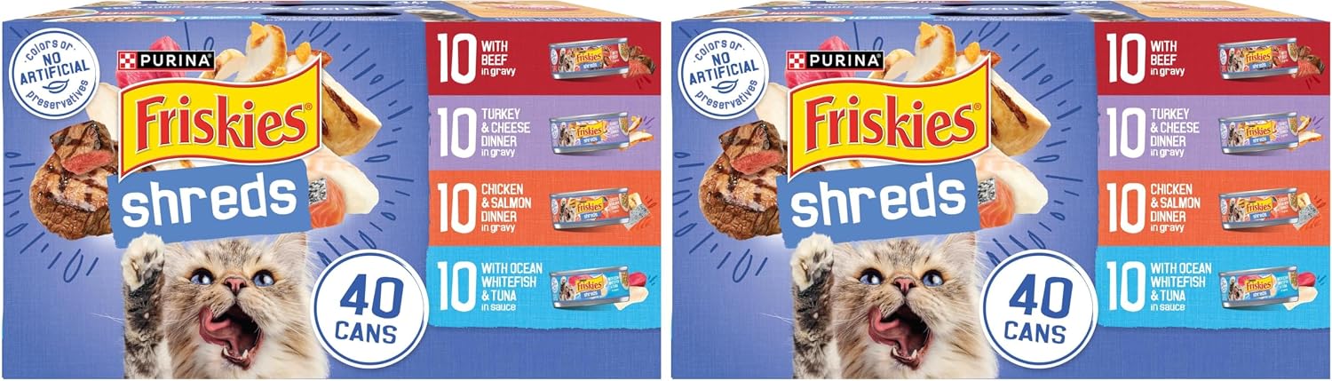 Purina Friskies Wet Cat Food Variety Pack. Shreds. 40 Pack 5.5 oz Cans | Beef. turkey and cheese. chicken and salmon. and ocean whitefish and tuna recipes in savory gravy