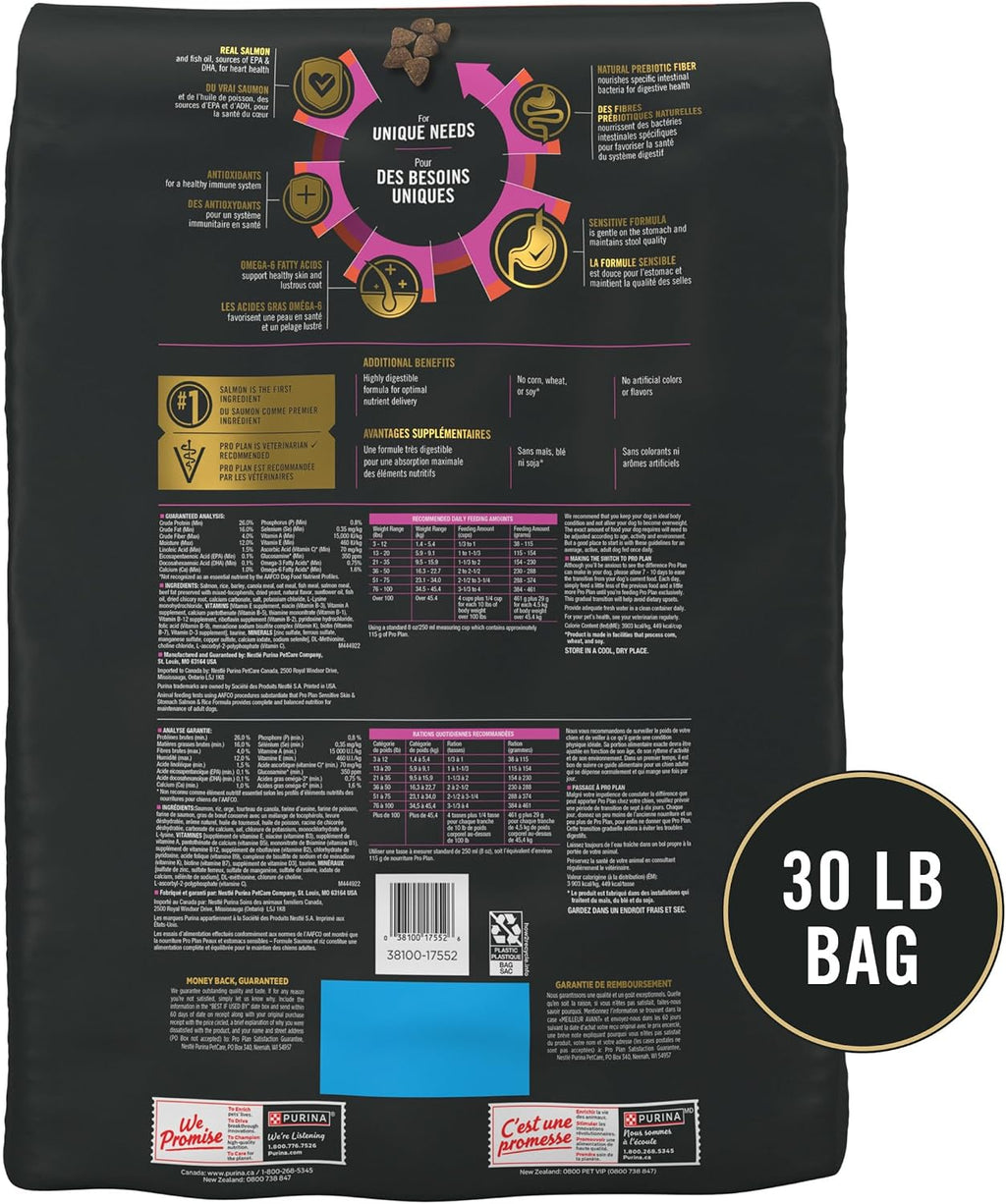 Purina Pro Plan Sensitive Skin & Stomach Dry Dog Food. Salmon. 30 lb Bag | Real Salmon & Rice Formula. with prebiotic fiber. easily digestible with omega-6 fatty acids for a healthy skin and coat