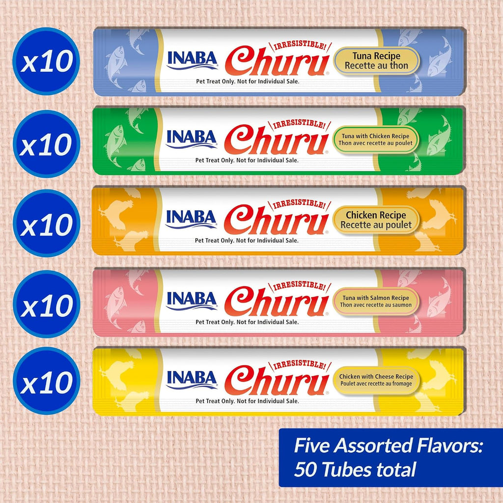 INABA Churu Cat Treats. Lickable. Squeezable Creamy Purée Cat Treat with Green Tea Extract & Taurine. 0.5 Ounces Each Tube. 50 Tubes. Tuna & Chicken Variety