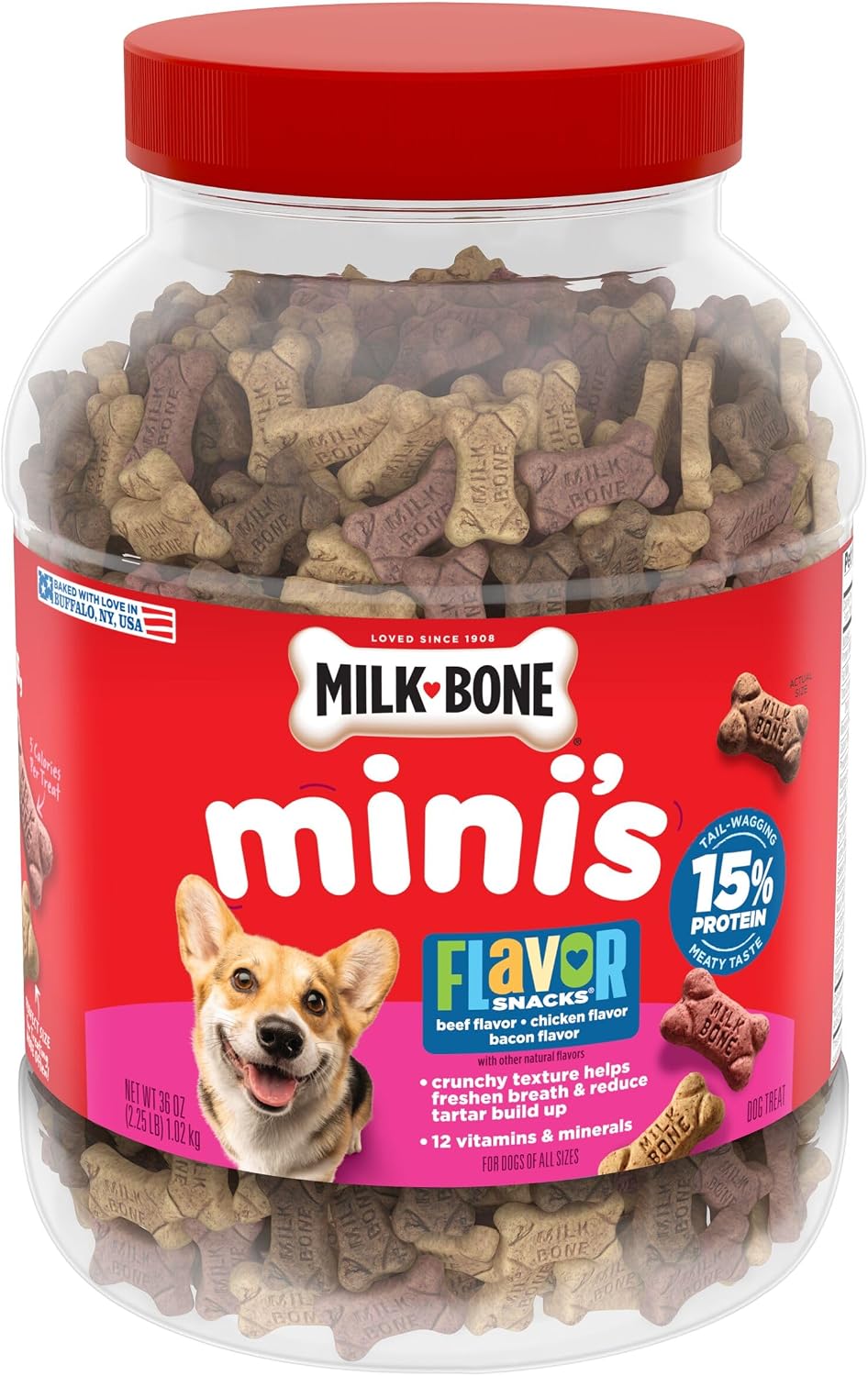 Milk-Bone Flavor Snacks Mini's Dog Treats. 36 Oz. | 5 calories per treat. 15% protein. 3 flavors per canister (beef. chicken & bacon. naturally & artificially flavored)