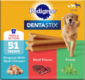 Pedigree Dentastix Large Breed Dental Dog Treats. Variety. 51 Count | Original. Beef & Fresh Flavors. triple action dental care. reduces tartar. cleans teeth. freshens breath. for dogs 40+ lbs