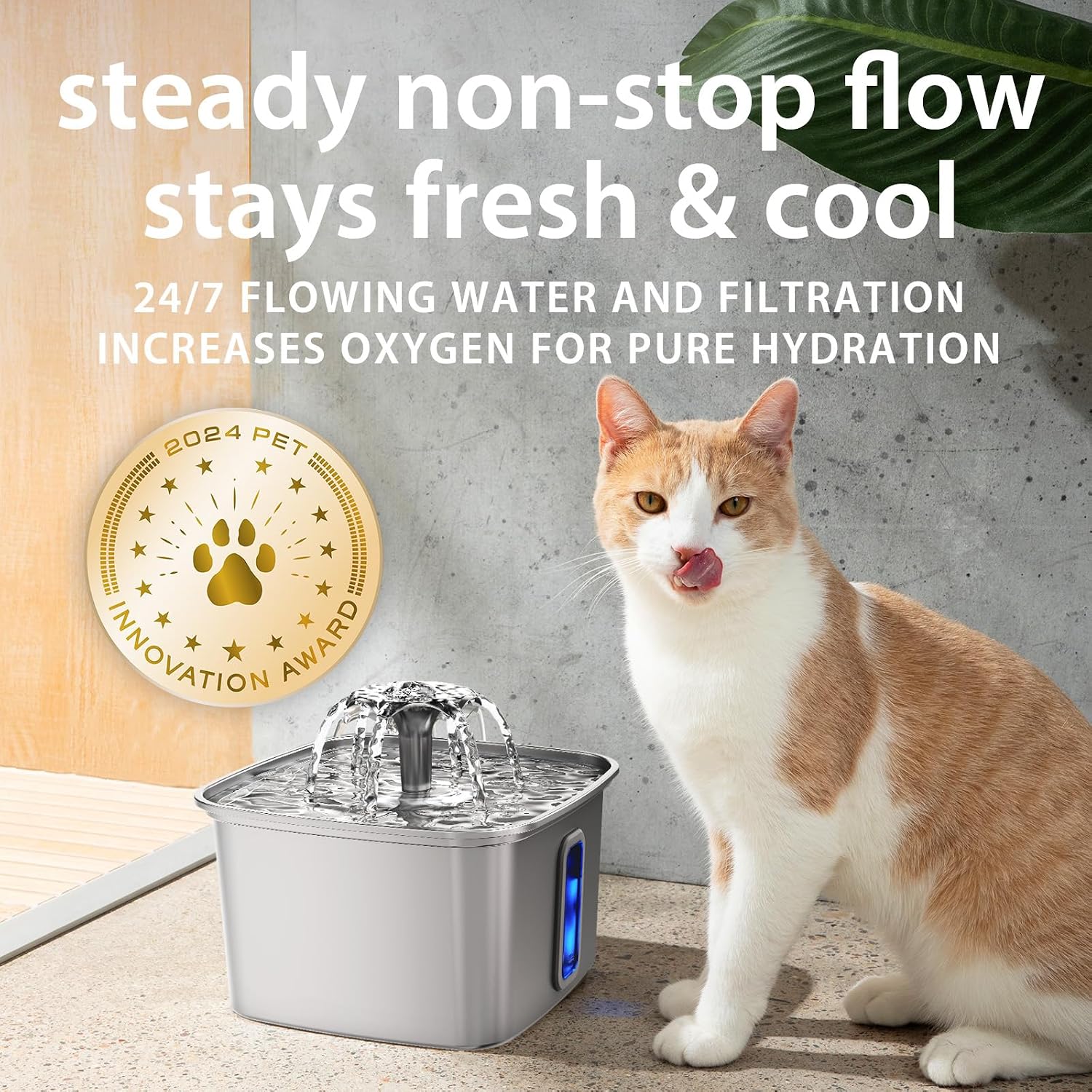 Veken Innovation Award Winner Stainless Steel Cat Water Fountain. 108oz | Automatic Pet Fountain Dog Water Dispenser with 3 Replacement Filters & Silicone Mat. Gifts for Cats. Dogs (Silver)