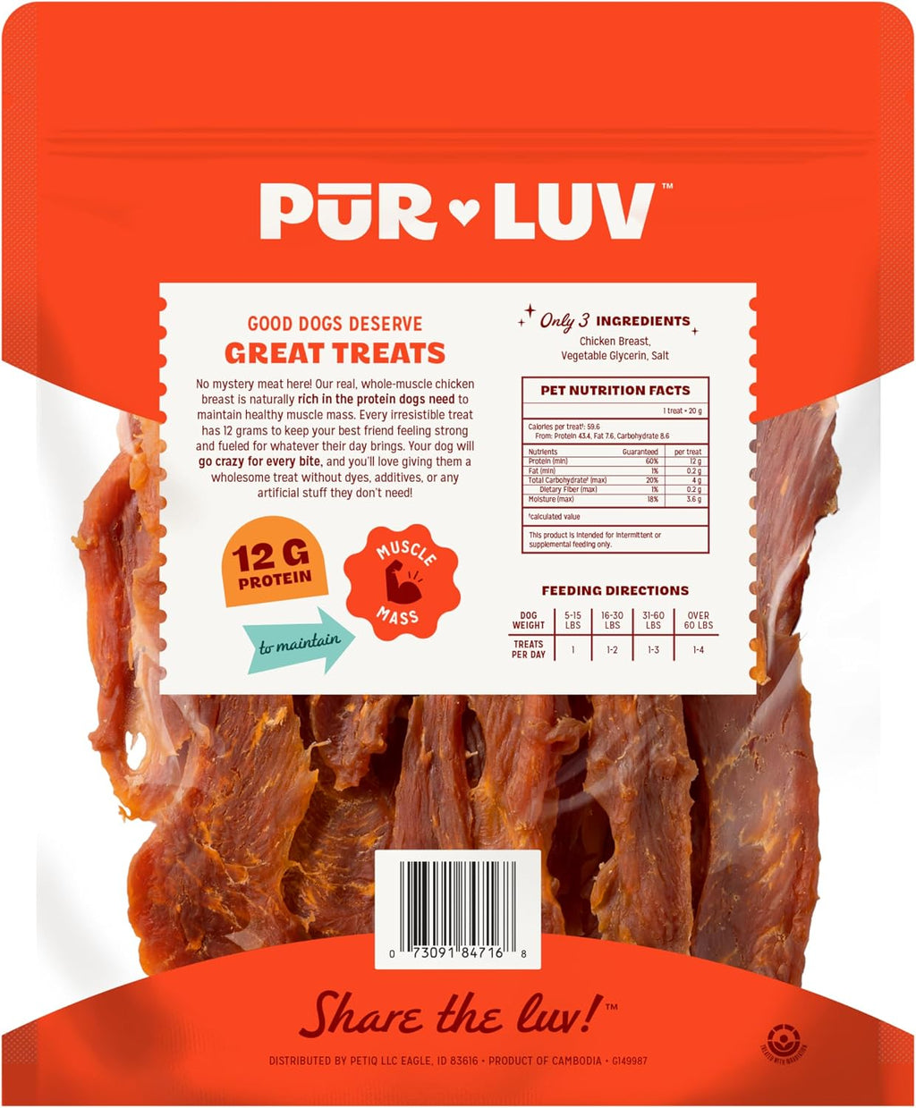 Pur Luv Chicken Jerky Dog Treats. Made with 100% Real Chicken Breast. 16 Ounces. Healthy. Easily Digestible. Long-Lasting. High Protein. Satisfies Dog's Urge to Chew