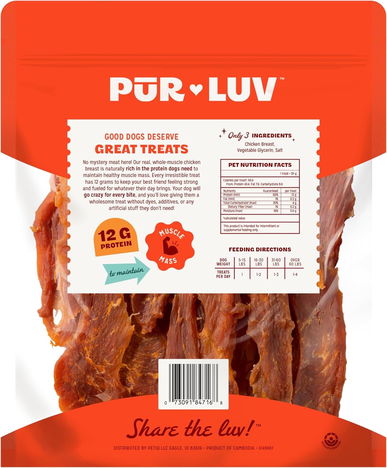 Pur Luv Chicken Jerky Dog Treats. Made with 100% Real Chicken Breast. 16 Ounces. Healthy. Easily Digestible. Long-Lasting. High Protein. Satisfies Dog's Urge to Chew