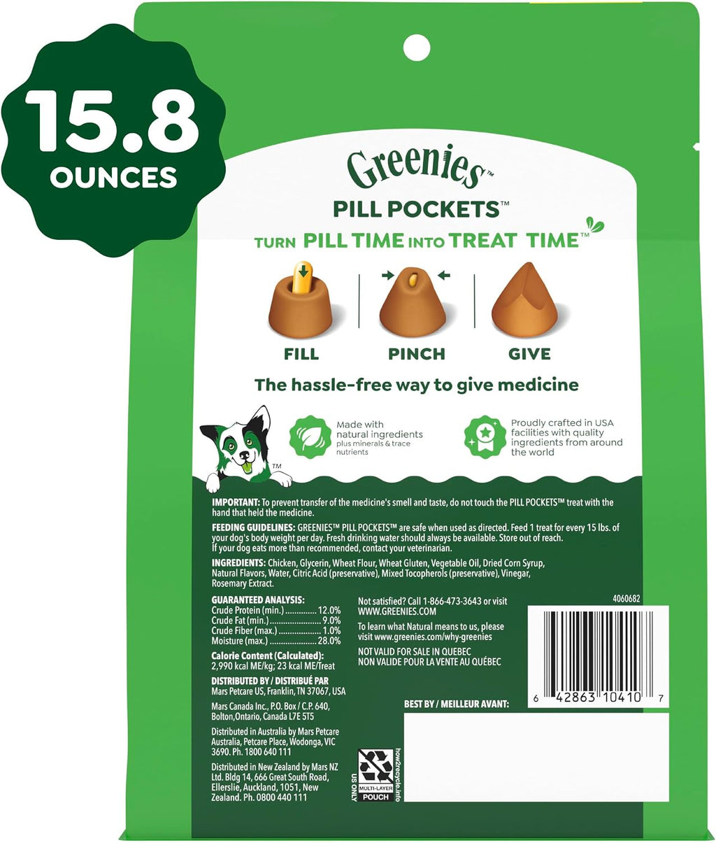Greenies Pill Pockets Large Size Dog Treats. Chicken. 15.8 oz | Vet-recommended. Capsule size. real chicken flavor. low calorie. stress- and mess-free. natural ingredients. no fillers
