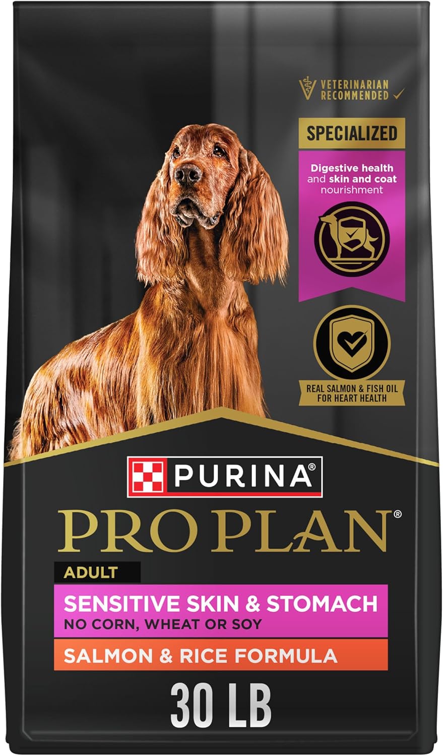 Purina Pro Plan Sensitive Skin & Stomach Dry Dog Food. Salmon. 30 lb Bag | Real Salmon & Rice Formula. with prebiotic fiber. easily digestible with omega-6 fatty acids for a healthy skin and coat