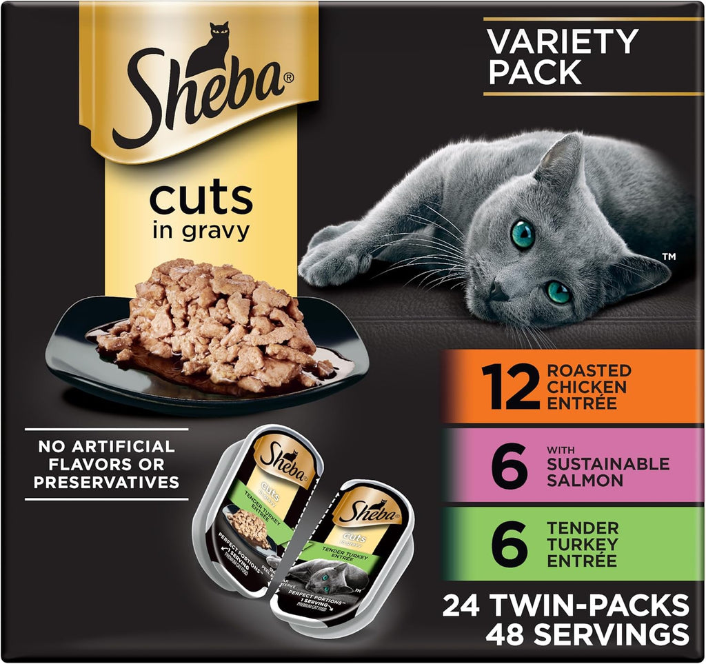 Sheba Perfect Portions Cuts Wet Cat Food. Multipack. 2.6 oz. 24 ct | Grain-free. Chicken. Salmon & Turkey flavors. protein-rich. no corn or soy. essential vitamins & minerals. twin-pack trays