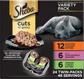 Sheba Perfect Portions Cuts Wet Cat Food. Multipack. 2.6 oz. 24 ct | Grain-free. Chicken. Salmon & Turkey flavors. protein-rich. no corn or soy. essential vitamins & minerals. twin-pack trays