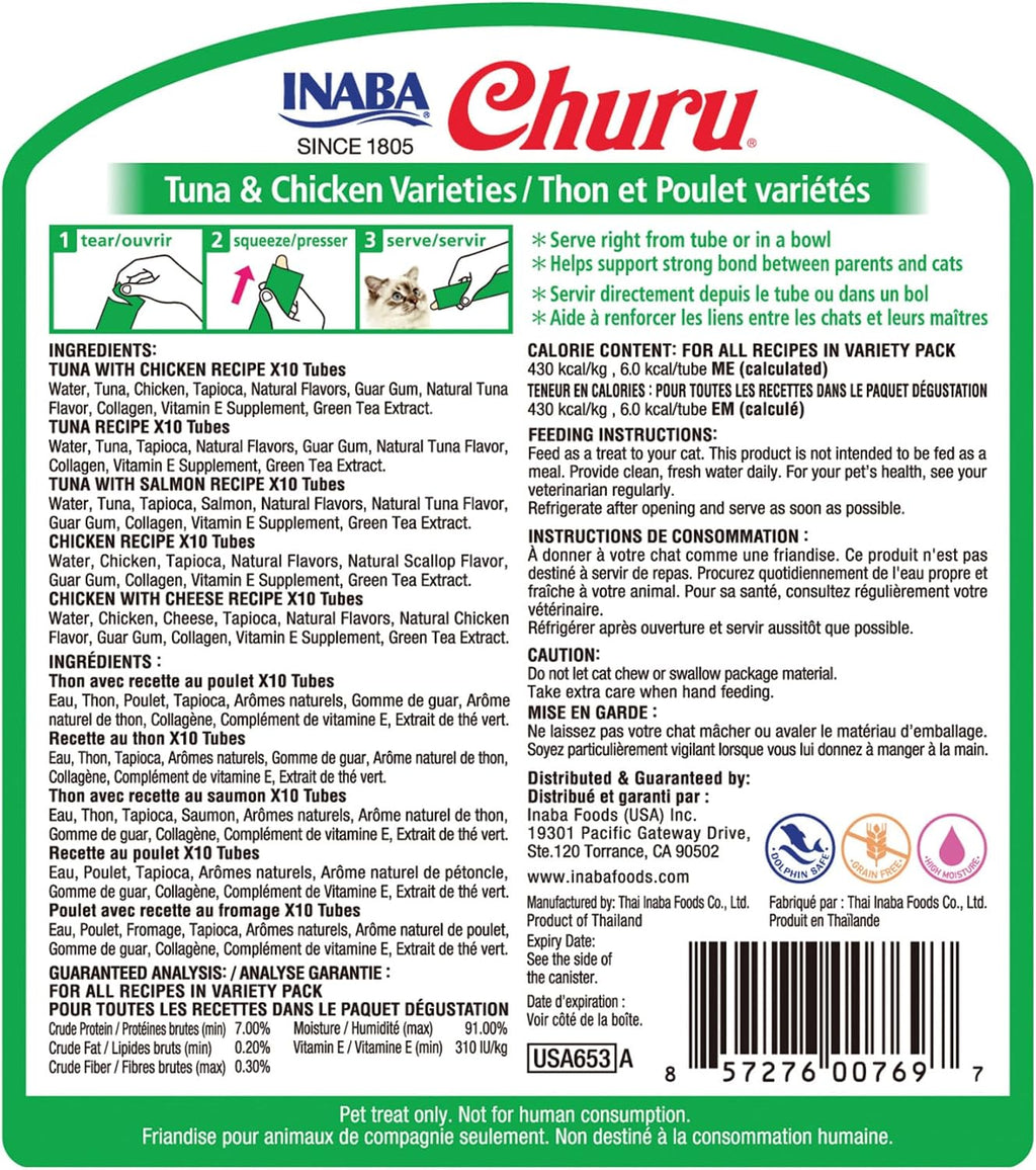 INABA Churu Cat Treats. Lickable. Squeezable Creamy Purée Cat Treat with Green Tea Extract & Taurine. 0.5 Ounces Each Tube. 50 Tubes. Tuna & Chicken Variety