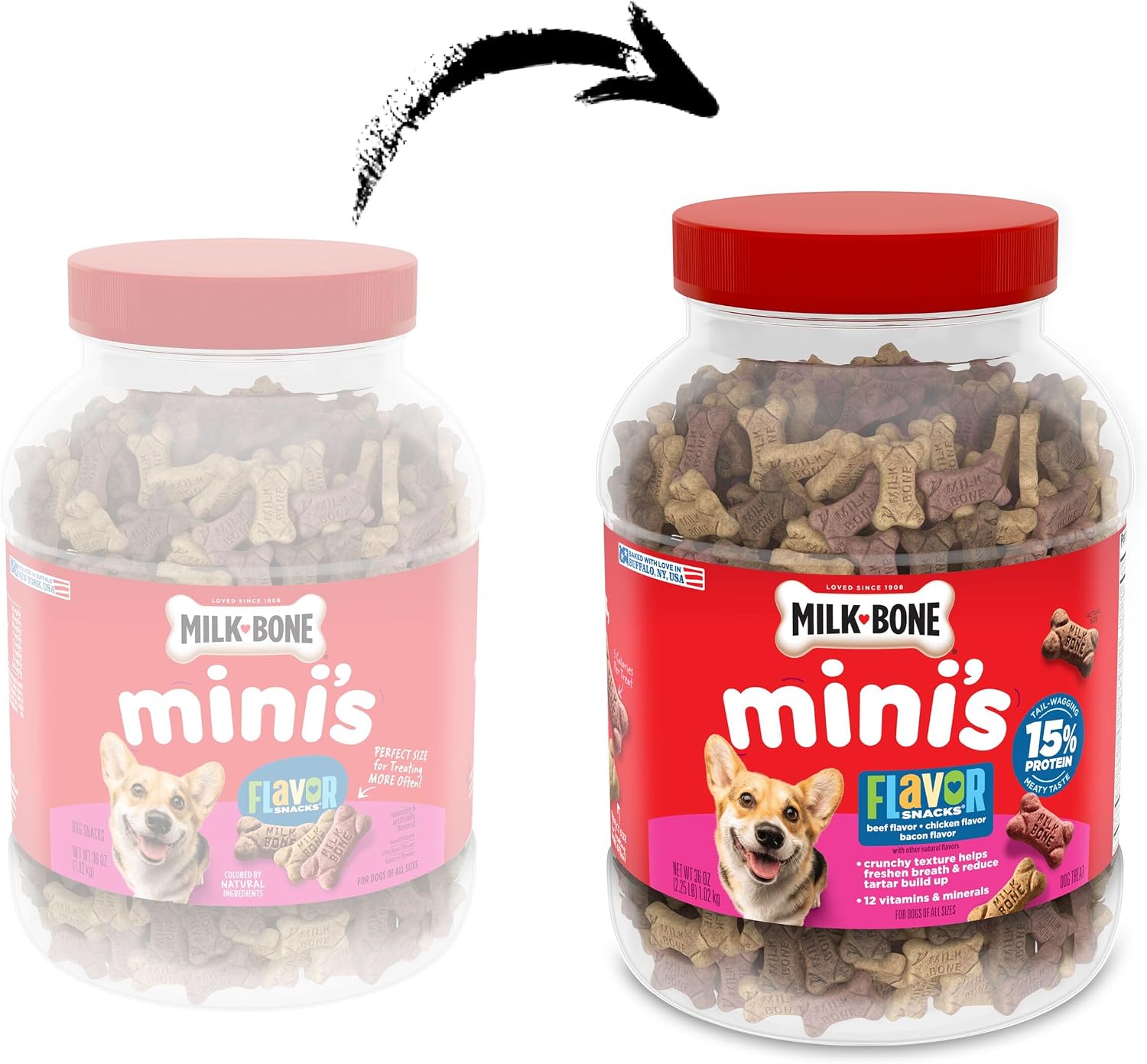 Milk-Bone Flavor Snacks Mini's Dog Treats. 36 Oz. | 5 calories per treat. 15% protein. 3 flavors per canister (beef. chicken & bacon. naturally & artificially flavored)