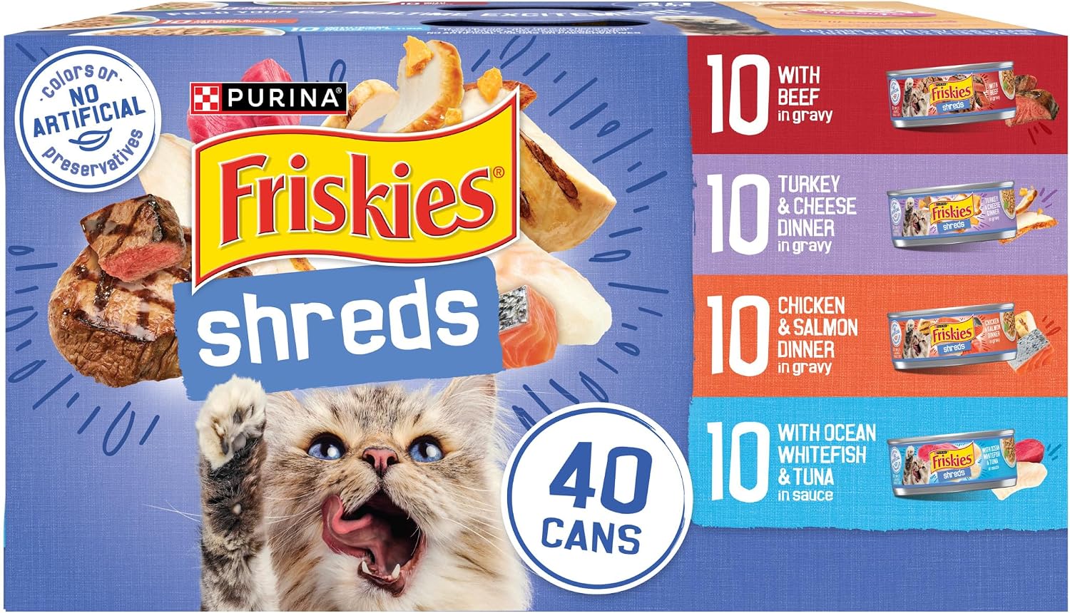 Purina Friskies Wet Cat Food Variety Pack. Shreds. 40 Pack 5.5 oz Cans | Beef. turkey and cheese. chicken and salmon. and ocean whitefish and tuna recipes in savory gravy