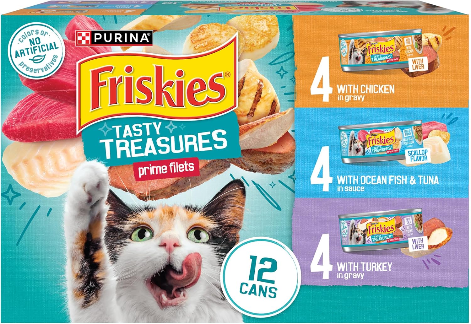 Purina Friskies Wet Cat Food Variety Pack. Tasty Treasures Prime Filets (With Ocean Fish and Tuna. With Chicken and With Turkey) - 5.5 Ounce (Pack of 12)